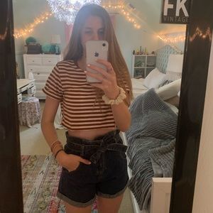 Paperbag Waist Self Belted Rolled Hem Denim Shorts